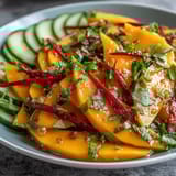 Vibrant gluten-free mango salad with cucumber slices and a drizzle of honey-lime dressing served in a rustic white bowl. 