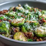 The Brussels Sprouts & Ground Turkey Skillet features fresh lemon juice and melted Parmesan cheese.