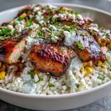 Grilled citrus-marinated chicken thighs and smoky charred corn layered over fluffy rice in a bowl.