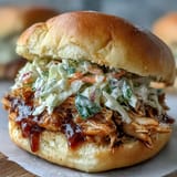Juicy BBQ chicken sliders topped with crisp coleslaw on soft buns, perfect for 4th of July gatherings.  