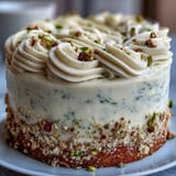 Festive layered cake picture, zestful lemon-pistachio flavor, perfect for birthday celebrations.