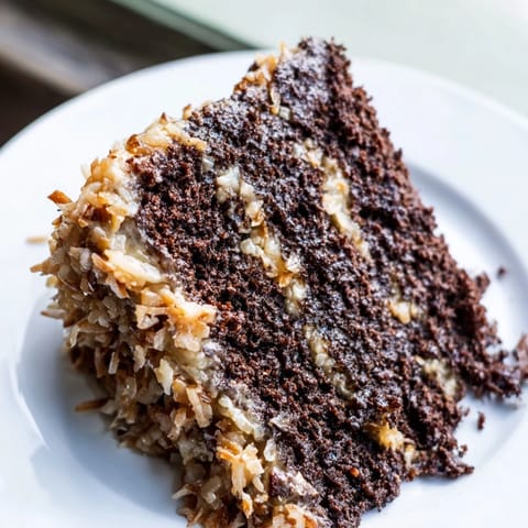A slice of German Chocolate Cake with visible layers and a generous topping of nuts and coconut.