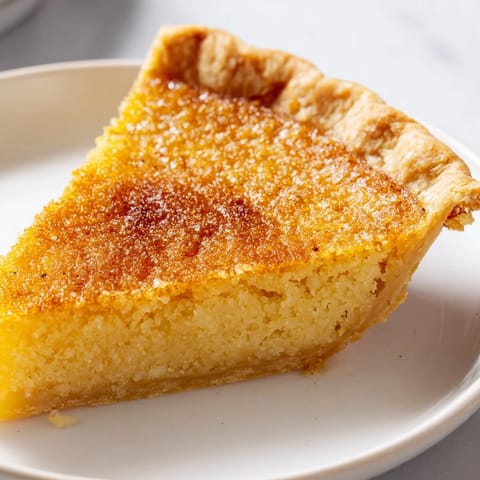A slice of warm Chess Pie with a glossy top, ready to serve and enjoy with a scoop of whipped cream.