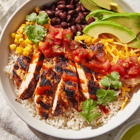 Spicy Chicken Burrito Bowl featuring fluffy rice, sliced avocado, and a garnish of fresh cilantro.