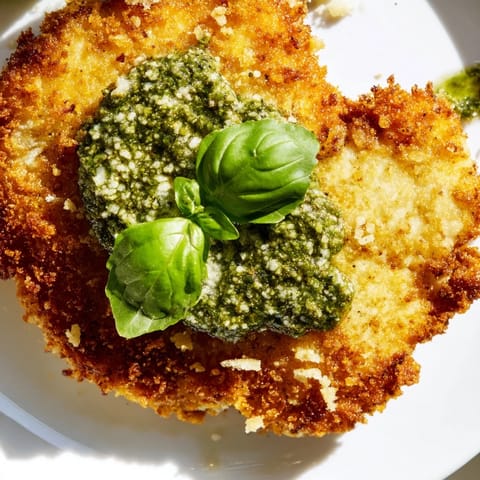 Savory Crispy Pesto Chicken Cutlets feature crunchy Parmesan breadcrumbs, juicy interior, and a generous swirl of basil pesto.