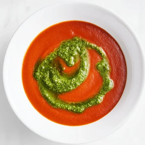 Steaming bowl of Tomato Soup with Basil Pesto Swirl, garnished with fresh basil and a drizzle of green pesto.