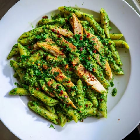 A fork lifts a bite of Chimichurri Chicken Pasta next to lemon wedges and a sprinkle of fresh parsley garnish.