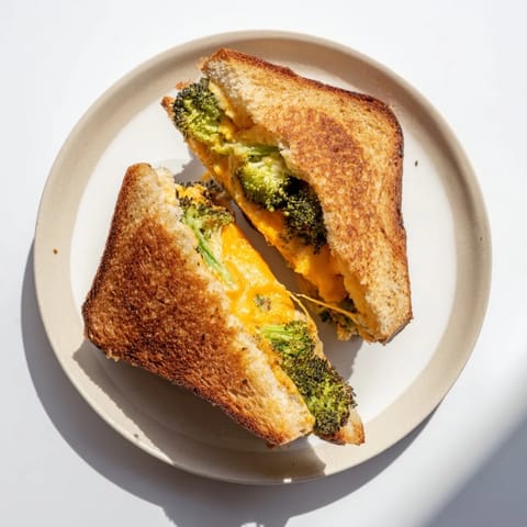 Roasted Broccoli & Cheddar Grilled Cheese sandwich served warm, oozing cheese between crispy crusts.