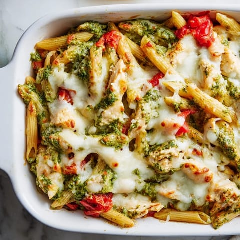A family-style Pesto Chicken Pasta Bake in a ceramic dish, garnished with fresh basil and served with a glass of white wine.  