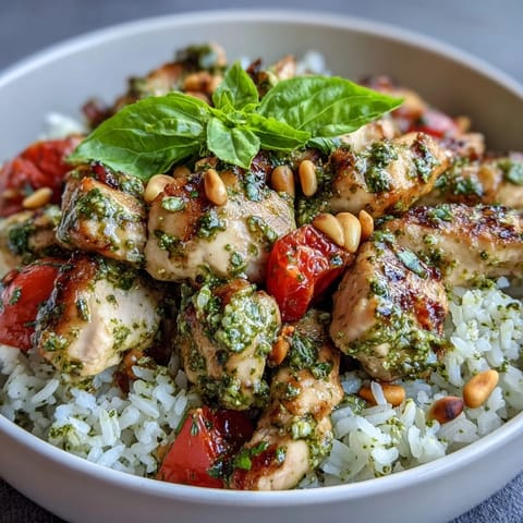 Bright green pesto coats golden-brown chicken pieces resting on fluffy white rice in a colorful, savory bowl.