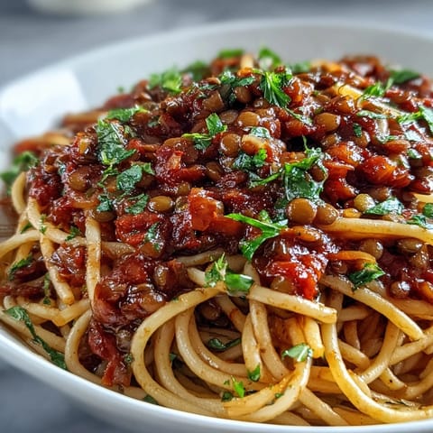 Sumptuous Lentil Bolognese served generously over glistening spaghetti, ready to eat.