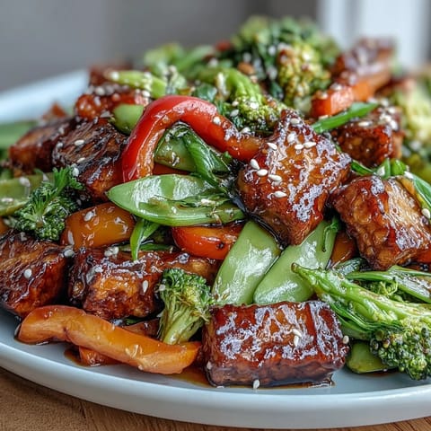 Colorful vegetable tempeh stir-fry, perfect weeknight dinner with crisp textures.