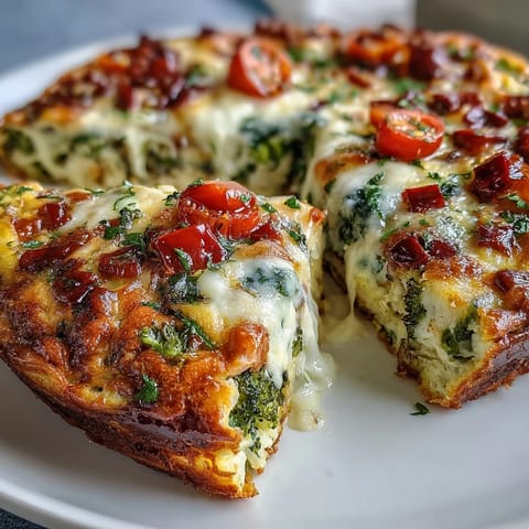Golden-baked Vegetable Frittata slices show melted cheddar cheese over vibrant green broccoli, red bell peppers, and diced zucchini.