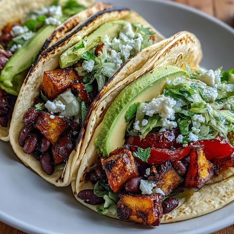 Warm corn tortillas cradle roasted sweet potatoes, black beans, and vibrant toppings in these hearty Black Bean and Sweet Potato Tacos.