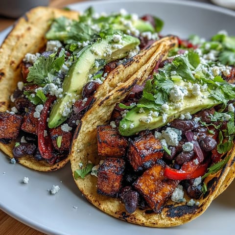 Fresh cilantro, avocado, and lime garnish these plant-based Black Bean and Sweet Potato Tacos for a bright, satisfying weeknight meal.
