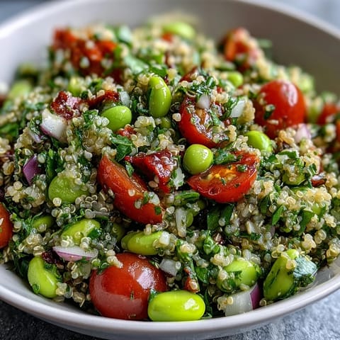 Freshly made Edamame and Quinoa Salad bursting with colorful ingredients, ideal for lunch.