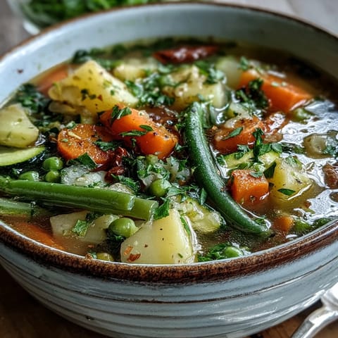 Potato and Vegetable Soup simmering in a pot, featuring diced potatoes, carrots, and green beans.