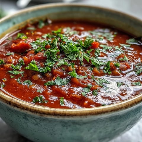Rich, hearty Tomato Lentil Soup in a rustic bowl with a slice of crusty bread.