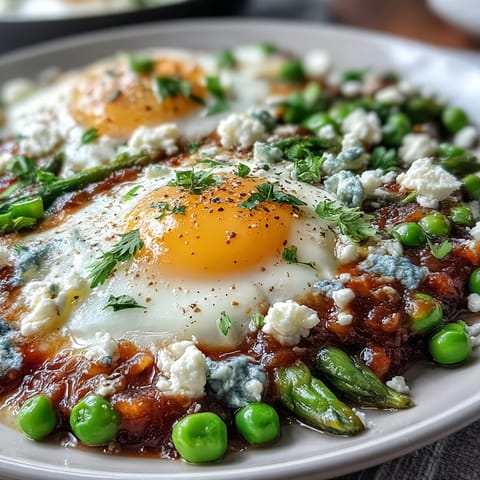 Pea and Broad Bean Shakshuka simmered in a lightly spiced tomato sauce with asparagus, topped with crumbled feta and fresh herbs.