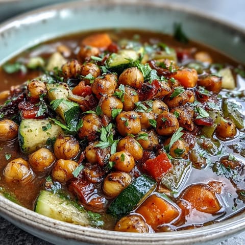 A close-up of Spiced Chickpea and Vegetable Soup, showcasing tender kale, roasted chickpeas, and vibrant vegetables in a rich golden broth, garnished with fresh cilantro.