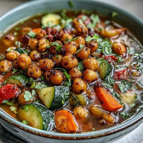 Golden roasted chickpeas and diced zucchini are simmered in Spiced Chickpea and Vegetable Soup, with a ladle ready to serve alongside fresh crusty bread for dipping.