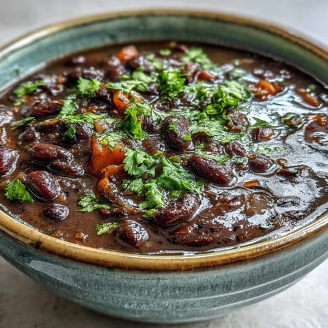 A bowl of hearty black bean soup topped with avocado and lime wedges, offering a warm, spicy, and savory vegan dinner idea.