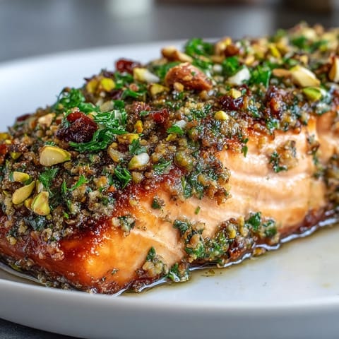 Golden-baked Confit Salmon With Tahini, Pistachio and Herb Crust with lemon wedges served on a ceramic platter.