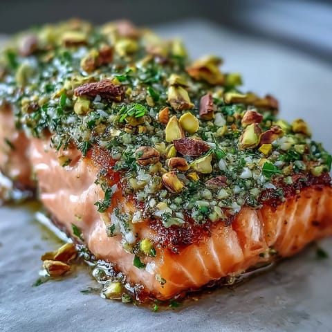 Confit Salmon With Tahini, Pistachio and Herb Crust flaking easily under a vibrant green herb and nutty topping.