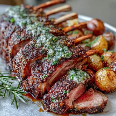 Perfectly cooked One-Pan Roast Rack of Lamb and Green Olive Potatoes served elegantly on a white plate, ready for a romantic dinner for two with minimal cleanup. 