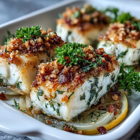 Tender baked halibut fillets topped with a golden, crunchy lemon-walnut pangrattato, served alongside aromatic fennel.