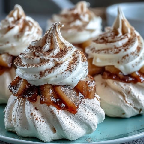 Golden Mini Hot Toddy Pavlovas topped with spiced poached pears and a dollop of vanilla whipped cream.