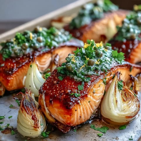 Golden-brown roasted leeks and red onions cradle pan-roasted salmon fillets, topped with a vibrant green parsley dressing. The One-Pan Roast Salmon With Leeks, Onions, and Parsley Dressing is served hot on a white plate.