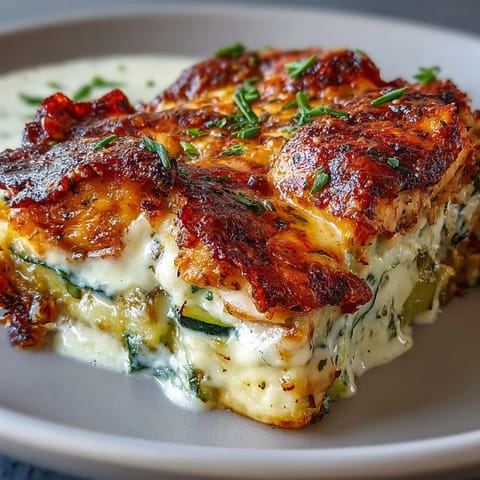 Golden-seared chicken and crisp zucchini slices layered in a creamy Greek yogurt egg mixture for a low carb casserole.