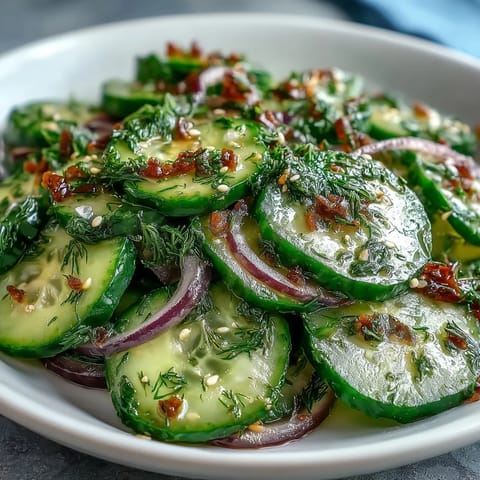 Bright and tangy Refreshing Crunchy Cucumber Salad with thinly sliced cucumbers, red onion, and fresh dill in a glistening vinegar dressing.
