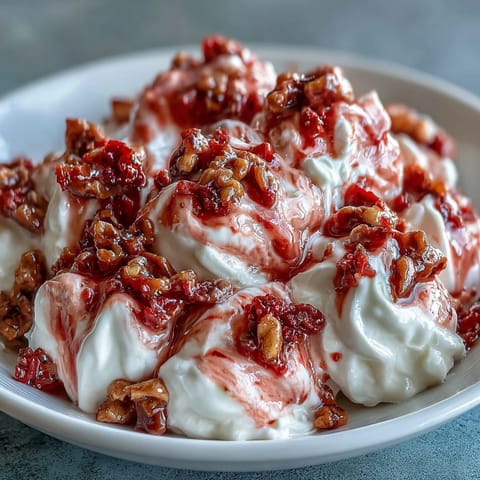 Frozen Strawberry & Banana Yoghurt Clusters on a tray, studded with freeze-dried fruit and drizzled with honey.