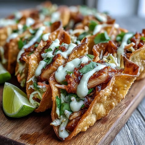 Crispy Chicken Wonton Tacos filled with golden fried shells, spicy ginger chicken, and crunchy cabbage slaw topped with cilantro.