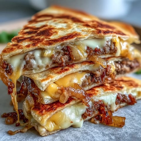 A close-up of Cheesy Griddled Smashburger Quesadillas with melted cheddar, American cheese, and golden-brown crispy edges on a cutting board.