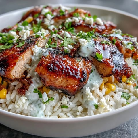 Grilled citrus-marinated chicken thighs and smoky charred corn layered over fluffy rice in a bowl.