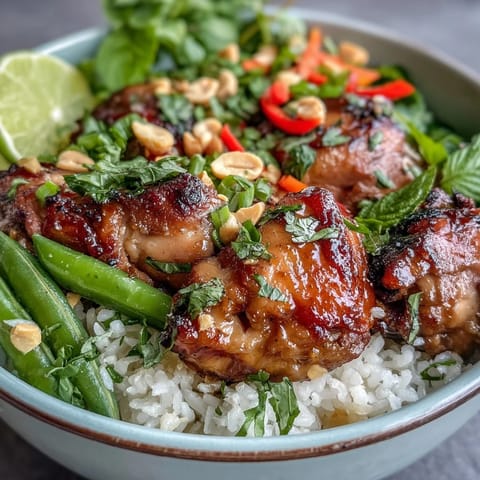 Close-up of a vibrant Thai Chicken Coconut Bowl with creamy coconut rice, tender chicken, crisp red bell pepper, and fresh Thai herbs.