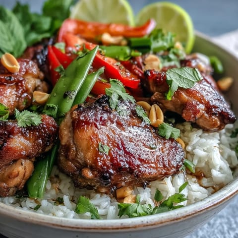 Thai Chicken Coconut Bowl topped with roasted peanuts, cilantro, and lime wedges, ready for a savory and refreshing meal.