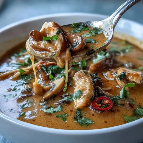 Creamy Thai coconut curry soup bowl with tender chicken, mushrooms, and carrots in a fragrant red curry broth, garnished with fresh cilantro and lime.  