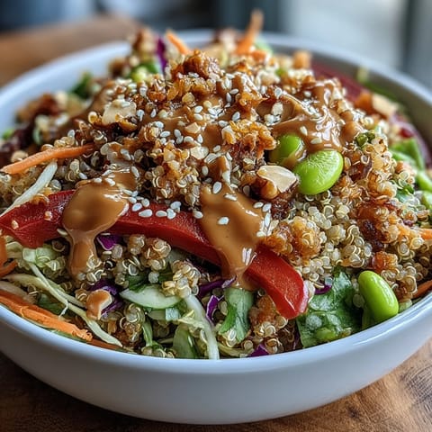 Creamy coconut quinoa topped with colorful crisp vegetables and zesty peanut dressing in a nourishing Thai-inspired bowl.  