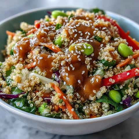 A vibrant Thai coconut quinoa bowl with crunchy vegetables, edamame, and a rich peanut dressing for a healthy, flavorful meal.  