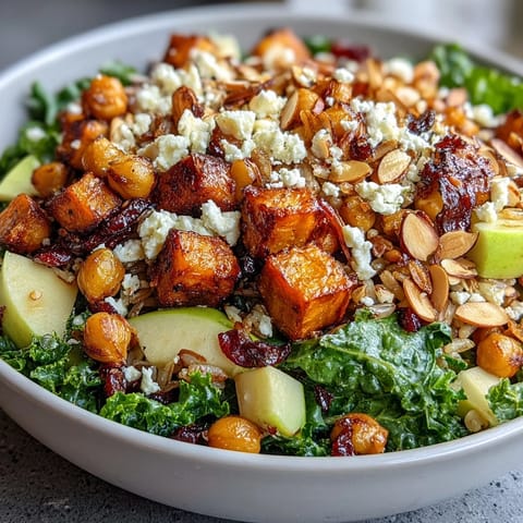 A vibrant fall harvest bowl with kale, wild rice, roasted sweet potatoes, Brussels sprouts, and crunchy almonds topped with creamy feta cheese.  