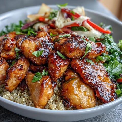 Hot honey chicken bowl with roasted sweet potatoes, quinoa, and crunchy cabbage slaw, drizzled with spicy-sweet mustard dressing.  