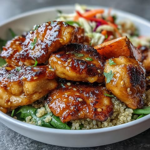 Spicy hot honey chicken bowl featuring tender chicken, caramelized sweet potatoes, and vibrant red cabbage slaw over fluffy quinoa.  