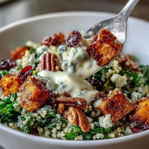 Vibrant harvest kale quinoa bowl with roasted sweet potatoes, pecans, cranberries, and tangy blue cheese, drizzled with lemon tahini dressing.
