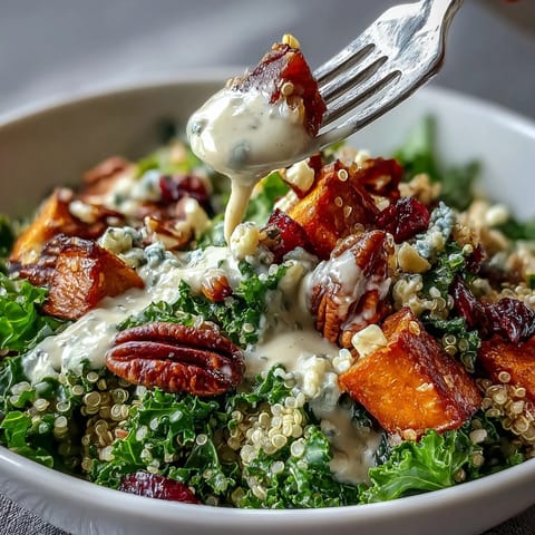 Nourishing autumn-inspired kale quinoa bowl featuring fluffy quinoa, crispy kale, roasted sweet potatoes, crunchy pecans, and zesty lemon tahini dressing.
