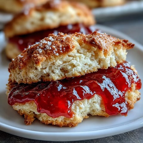 Fresh strawberry jam thumbprint cookies with vibrant red centers, perfect for spring gatherings or afternoon tea.