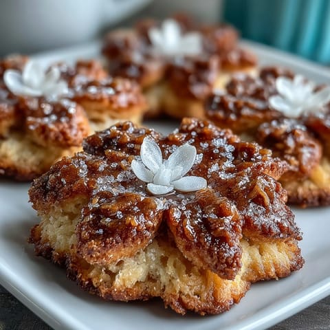 Delicate flower-shaped shortbread cookies with golden edges, perfect for spring gatherings and tea parties.